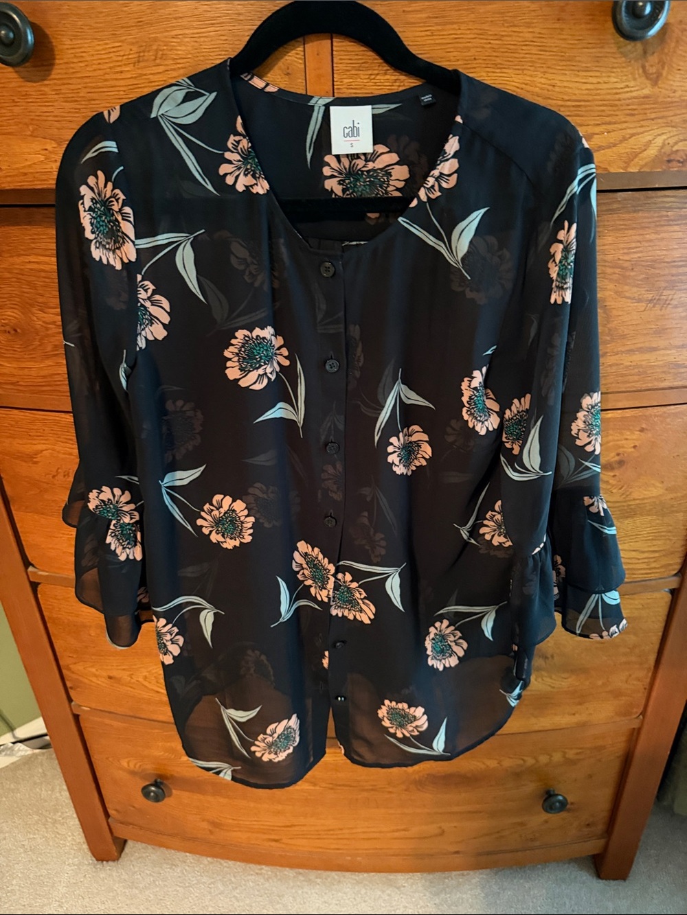 CAbi Black Blouse with Pink and Teal Floral Print